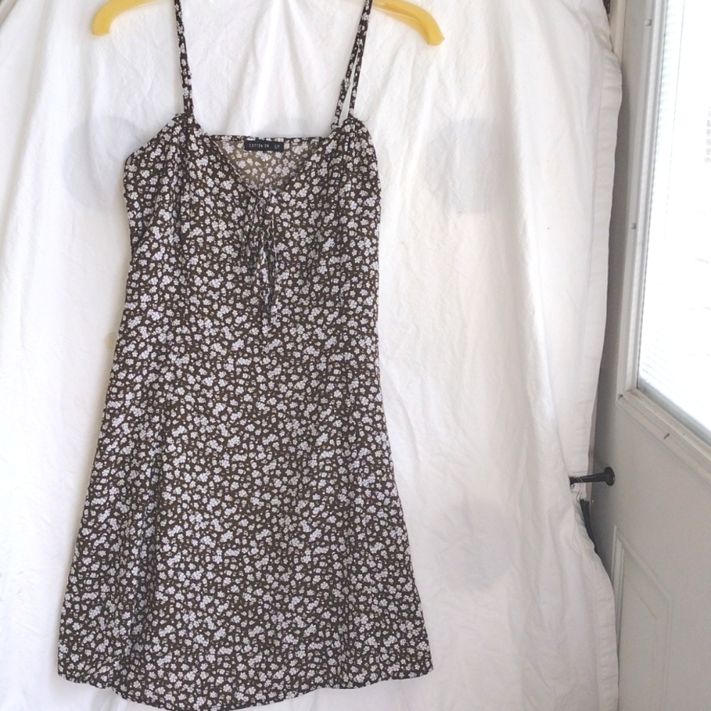 Summer Mini Sundress Brown with White Floral Spaghetti Straps S/P